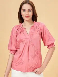 Honey by Pantaloons Mandarin Collar Puff Sleeve Floral Embroidery Cotton Top