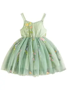 StyleCast Green Girls Floral Embroidered Shoulder Straps Bow Detail Fit & Flare Dress