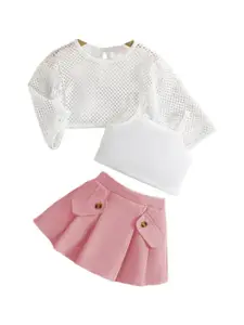 StyleCast Girls Pink & White Shoulder Straps Top with Skirt & T-shirt
