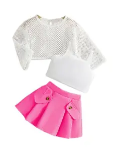 StyleCast Fuchsia & White Girls Shoulder Straps Top With Skirt And Waistcoat