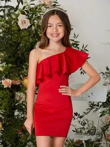 BAESD Girls One Shoulder Flutter Sleeve Ruffled Sheath Party Dress