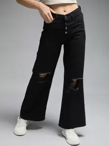 High Star Women Wide Leg High-Rise Slash Knee Cotton Jeans