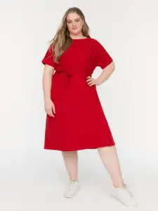 Trendyol Plus Size Tie-Ups Fit & Flare Cotton Midi Dress
