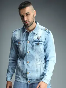 High Star Washed Spread Collar Long Sleeves Shoulder Tabs Denim Jacket