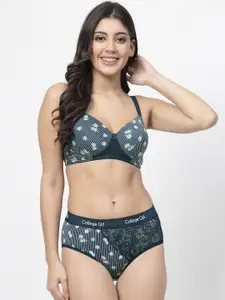 College Girl Floral Printed Cotton Lightly Padded Bra & High-Rise Brief