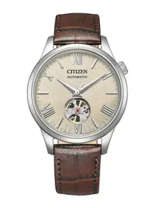 Citizen Men Textured Dial & Leather Straps Analogue Watch NH9130-17A