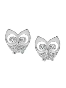 LeCalla Sterling Silver Plated Cubic Zirconia Studded Owl Shaped Studs Earrings
