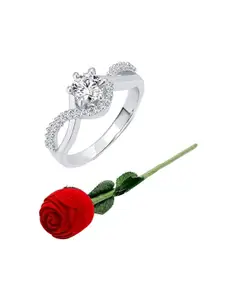 Vighnaharta Rhodium Plated  CZ Studded Adjustable Finger Ring With Rose Box