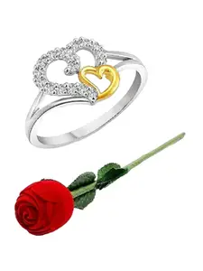 Vighnaharta Rhodium Plated Cubic Zirconia Studded Couple Heart Finger Ring With Rose Box
