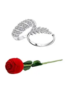 Vighnaharta Set Of 2 Rhodium Plated & Cubic Zirconia Studded Finger Rings