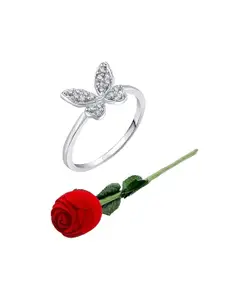 Vighnaharta Rhodium-Plated CZ-Studded Finger Ring With Rose Box