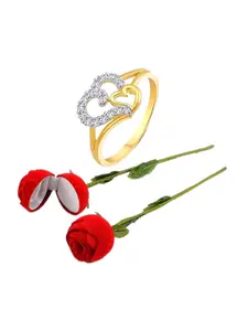 Vighnaharta Set Of 2 Gold Plated & CZ Studded Finger Ring & Rose Box