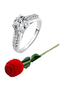 Vighnaharta Set Of 2 Rhodium-Plated CZ-Studded Finger Ring With Rose Box