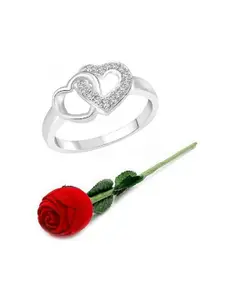 Vighnaharta Set Of 2 Rhodium Plated & CZ Studded Finger Ring & Rose Box