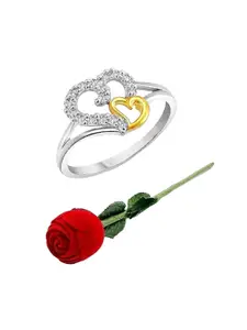 Vighnaharta Rhodium-Plated Cubic Zirconia Studded Couple Heart Ring & Rose Box