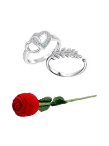 Vighnaharta Set Of 2 Rhodium Plated Cubic Zirconia Studded Finger Rings With Rose Box