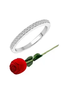 Vighnaharta Set Of 2 Rhodium-Plated CZ-Studded Finger Ring With Rose Box