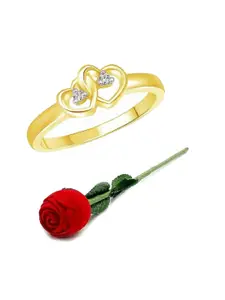 Vighnaharta Set Of 2 Gold-Plated CZ-Studded Finger Ring With Rose Box