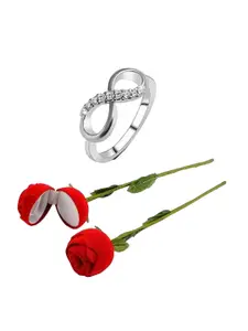 Vighnaharta Rhodium-Plated CZ-Studded Finger Ring With Rose Box