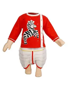 BAESD Boys Round Neck Long Sleeves Animal Patchwork Pure Cotton Kurta with Dhoti Pants
