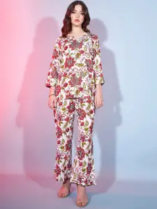 DressBerry Off White Floral Printed Top With Trousers