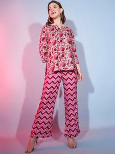 DressBerry Pink Floral Printed Top & Trousers