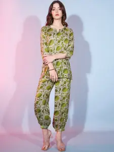 DressBerry Green Floral Printed Top With Trousers