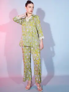 DressBerry Green Floral Printed Shirt Collar Top With Trouser