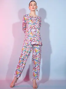 DressBerry Pink Floral Printed Top With Trousers