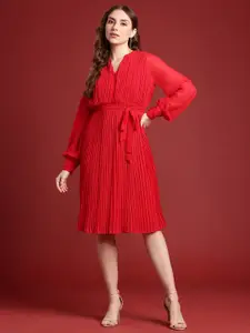 All About You Formals Accordion Pleats Waist Tie-Up Puff Sleeves A-Line Dress