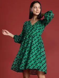 All About You Formals Printed Puff Sleeves A-Line Dress