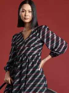 All About You Formals Printed Puff Sleeves A-Line Dress