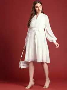 All About You Formals Accordion Pleats Waist Tie-Up Puff Sleeves A-Line Dress