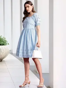 all about you Cotton Schiffli Embroidered Detail Puff Sleeves A-Line Dress