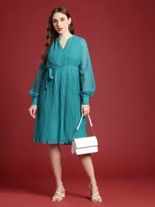 All About You Formals Accordion Pleats Waist Tie-Up Puff Sleeves A-Line Dress