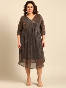 The Pink Moon Plus Size Self Design V-Neck Semi Sheer Fit and Flare Midi Dress