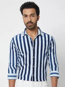 Mufti Striped Spread Collar Slim Fit Opaque Casual Shirt