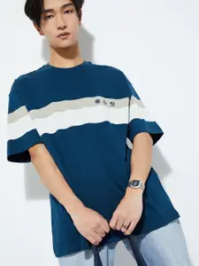 max URB_N Men Drop-Shoulder Sleeves Striped Pure Cotton Oversized T-shirt