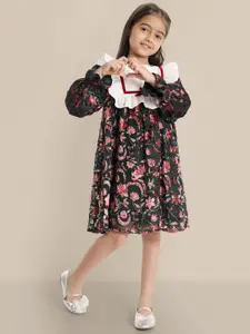 The Tribe Kids Floral Print Puff Sleeve Velvet A-Line Dress