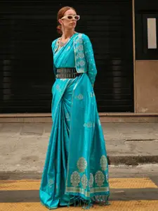 Mitera Blue & Gold toned Floral Zari Satin Handloom Saree
