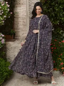 SAK JAIPUR Floral Printed Georgette Anarkali Maxi Ethnic Dress With Dupatta