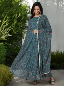 SAK JAIPUR Floral Printed Fit & Flared Maxi Ethnic Dress With Matching Dupatta