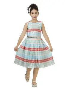 BAESD Girls Round Neck Striped Printed Georgette Fit & Flare Dress