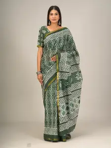 KIAARON Ethnic Motifs Mulmul Cotton Block Print Saree