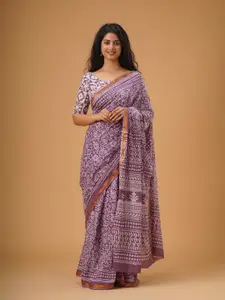 KIAARON Ethnic Motifs Zari Pure Cotton Block Print Saree
