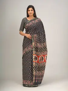 KIAARON Ethnic Motifs Zari Pure Cotton Block Print Saree