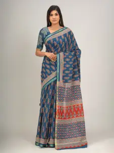 KIAARON Ethnic Motifs Zari Mulmul Cotton Block Print Saree