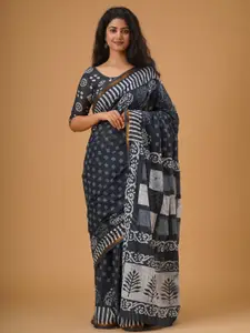 KIAARON Ethnic Motifs Zari Mulmul Cotton Block Print Saree