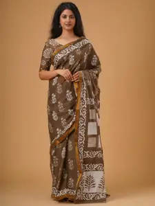 KIAARON Ethnic Motifs Zari Pure Cotton Block Print Saree