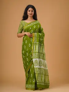 KIAARON Ethnic Motifs Zari Mulmul Cotton Block Print Saree